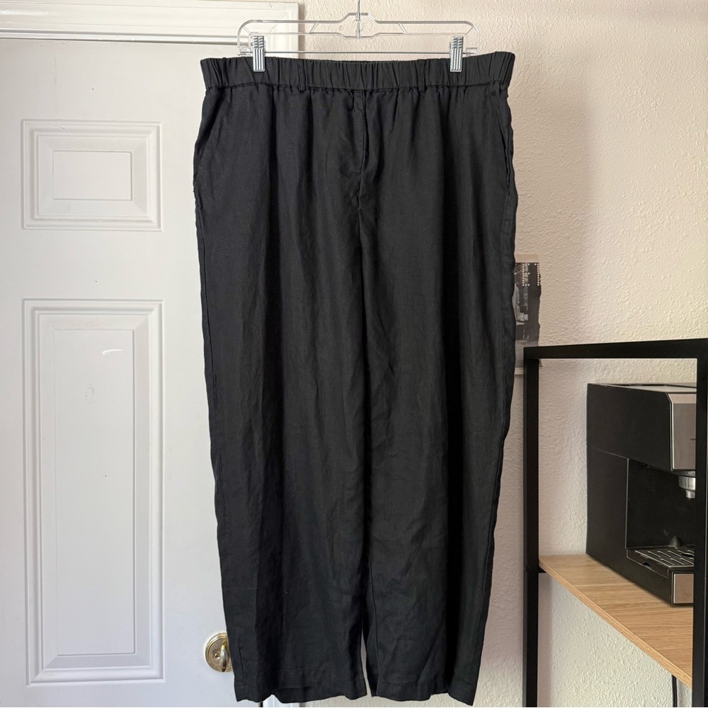 QUINCE black linen elastic waist wide leg tapered cropped pants